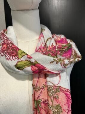 Scarf Max Edition Cream Pink Floral Rayon Coquette Boho Long Scarf Cottage core
